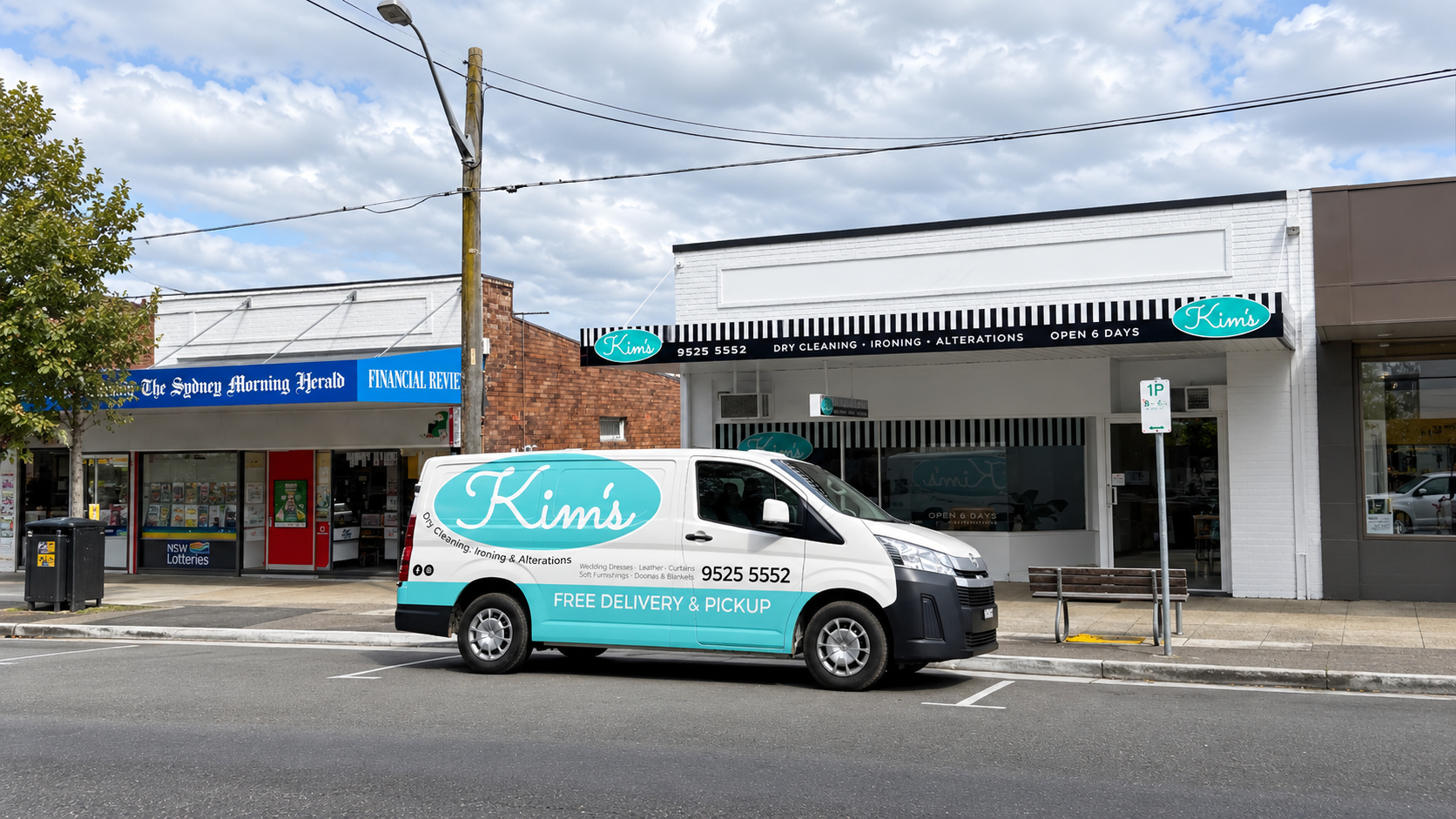 Kim’s Dry Cleaning shopfront and branded delivery van in Caringbah South